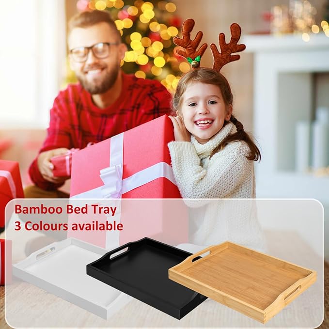 Bamboo Food Serving Tray with Handles, Breakfast Bed Tray for Tea,Snack,Dinner, Home Decorative Storage Food, Platter, Ottoman for Kitchen Counter, Bathroom, Restaurant (White)