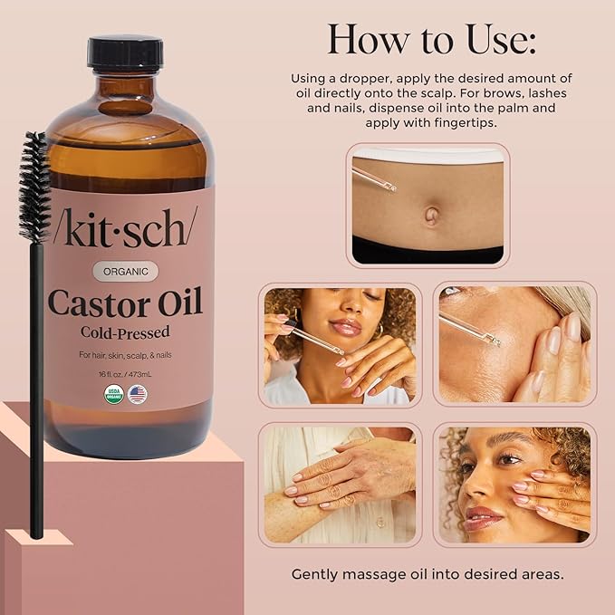 Kitsch Organic Castor Oil for Hair Growth - 100% Pure Castor Oil, Organic Cold Pressed Unrefined Glass Bottle for Face, Skin, Lashes, Brows, Scalp, Nails & Belly Button - Hexane Free, USDA - 16 oz-BrightBean Baby