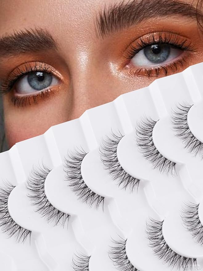 Natural Lashes False Eyelashes 12 MM Short Lashes WIspy 3D Volume Fake Eyelashes Pack C Curl Soft Eye Lash with Thin Cotton Band 7 Pair False Lashes Siligli-BrightBean Baby