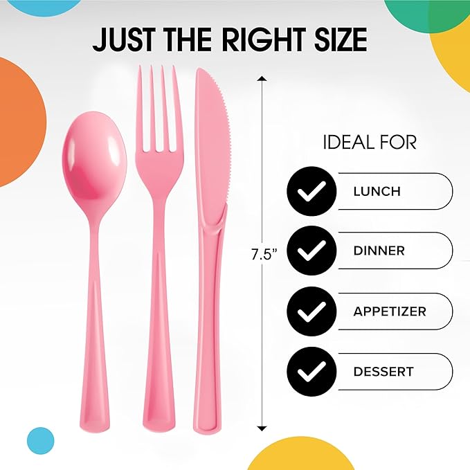 Party Solids Pink Plastic Silverware Heavy Duty 150 Pieces Pink Plastic Cutlery Sets, Utensil Sets, 50 Of Each Forks, Knives & Spoons Disposable Cutlery Set, Flatware Set For Party Supplies