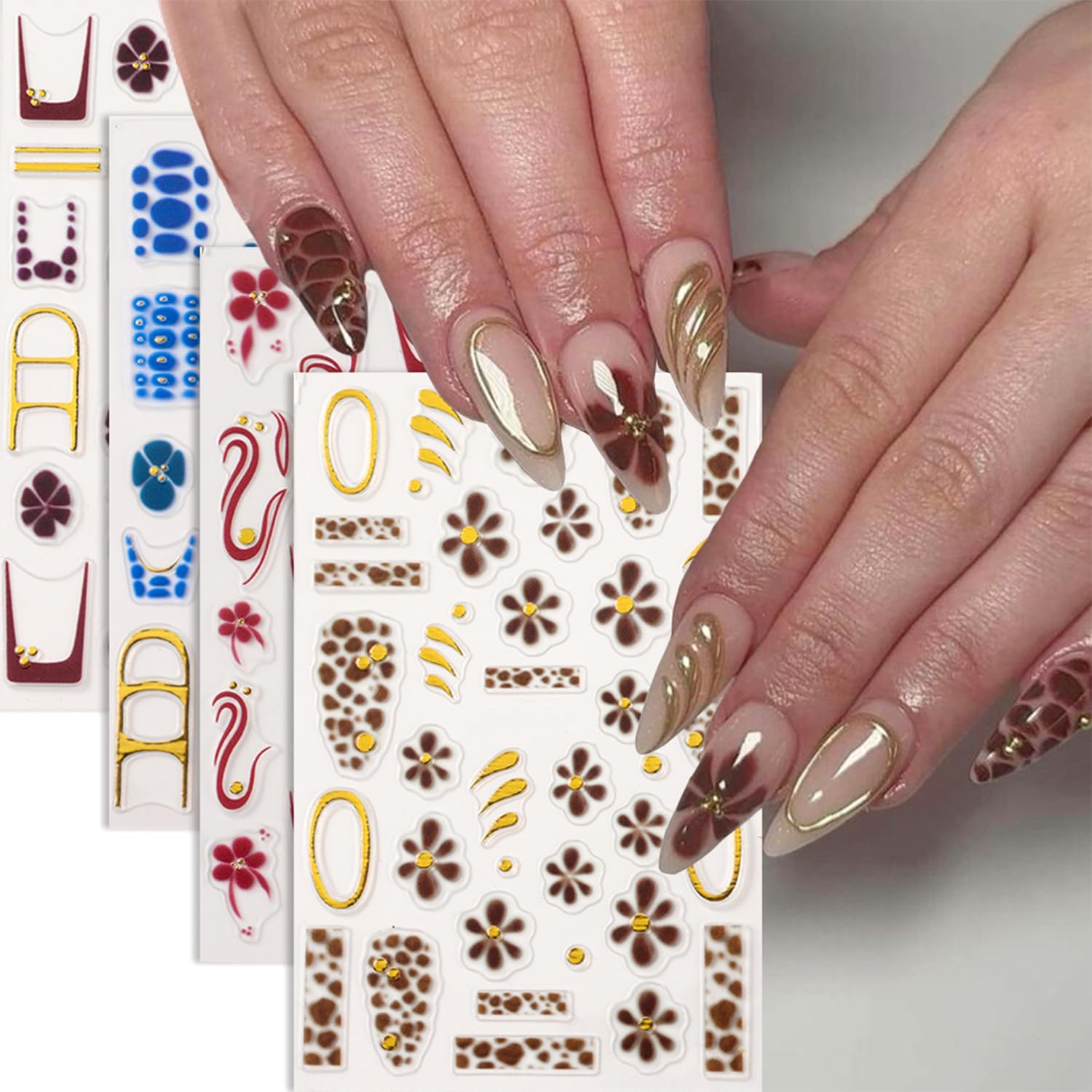 5 Sheets Autumn Winter Flower Nail Art Stickers 3D Self-Adhesive Nails Stickers Floral Strawberry Daisy Pattern French Tip Design Wine Red Brown Blue Gold 3D Decals Women DIY Nail Art Decoration-BrightBean Baby