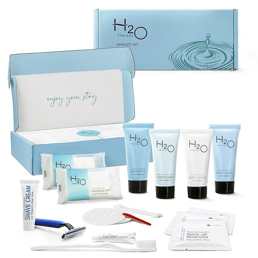 H2O Therapy Amenity & Accessory Kit | 0.85 oz Travel Size Shampoo, Conditioner, Lotion, Body Wash, Massage Bar, Cleansing Bar, Shave & Dental Sets, Make-Up Remover Wipes, & Vanity Kit | 1 set per case-BrightBean Baby