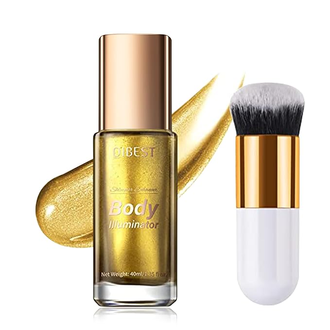 40ml Body Shimmer Oil,Liquid Body Illuminator, Waterproof Moisturizing And Glow For Face & Body, All-In-One Makeup Liquid Illuminator, Summer Body Luminizer,Makeup Brush Include (05#Gold)-BrightBean Baby