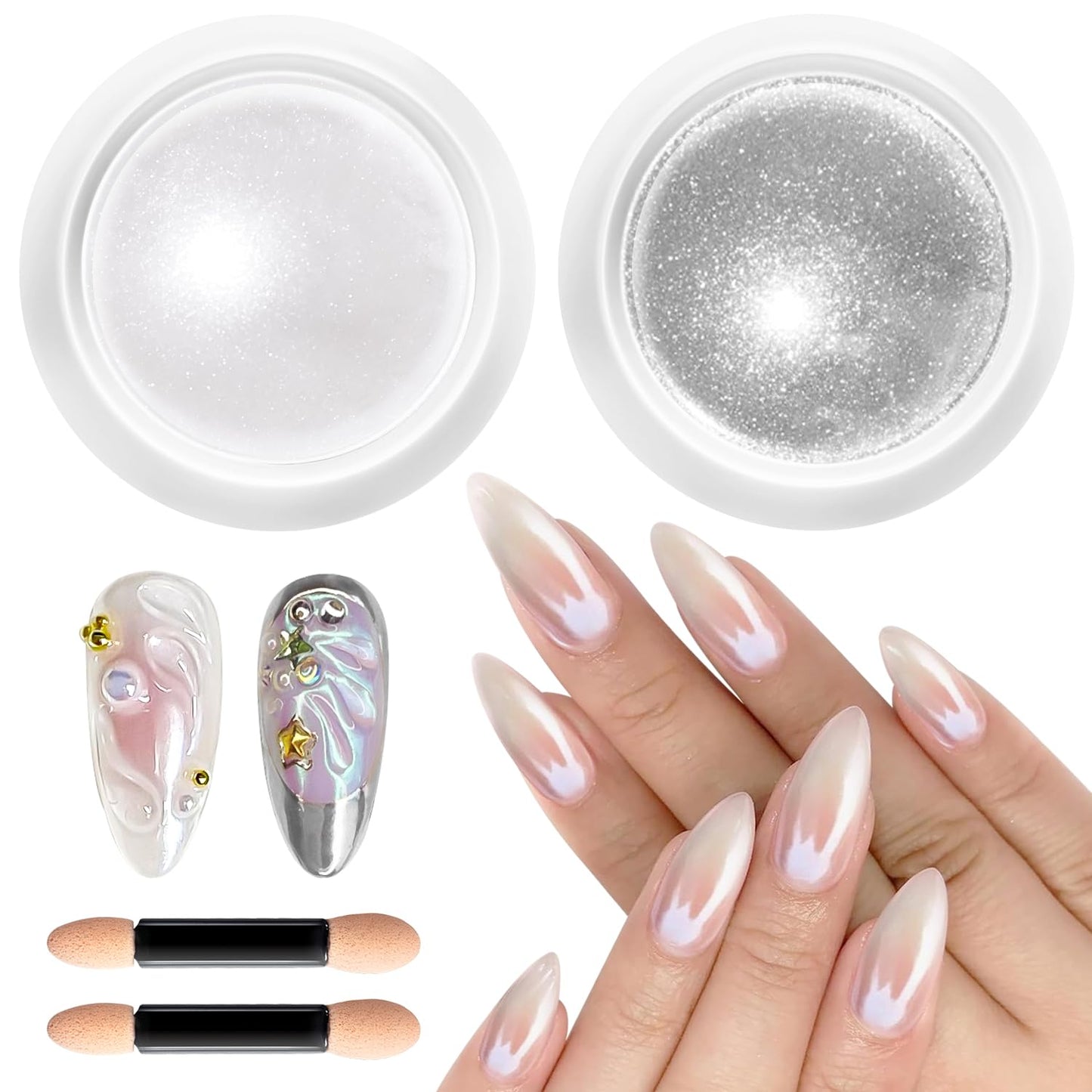 Pearl Chrome Nail Powder BISHENGYF -【Mirror Shinny Effect】 Magic Mirror Silver Chrome Nail Powder Aurora Mermaid Iridescent White Pearl Clear Nail Chrome Powder Pigment Glitter Dust for Manicure DIY-BrightBean Baby