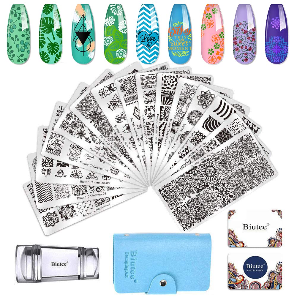 Biutee 19pcs Nail Stamp Plates set 15 plate 1Stamper 2Scraper 1storage bag Nails Art Stamping Plate Scraper Stamper Set Leaves Flowers Animal Nail plate Template Image Plate-BrightBean Baby