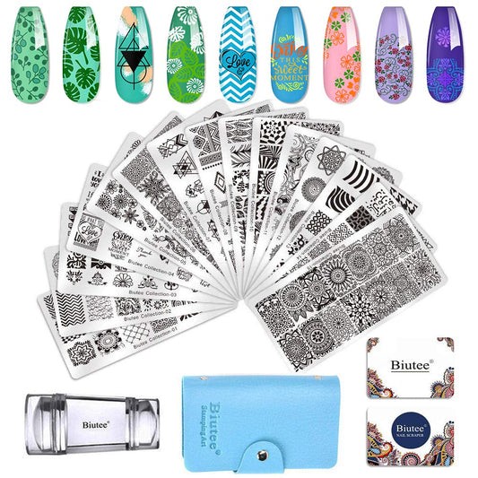 Biutee 19pcs Nail Stamp Plates set 15 plate 1Stamper 2Scraper 1storage bag Nails Art Stamping Plate Scraper Stamper Set Leaves Flowers Animal Nail plate Template Image Plate-BrightBean Baby