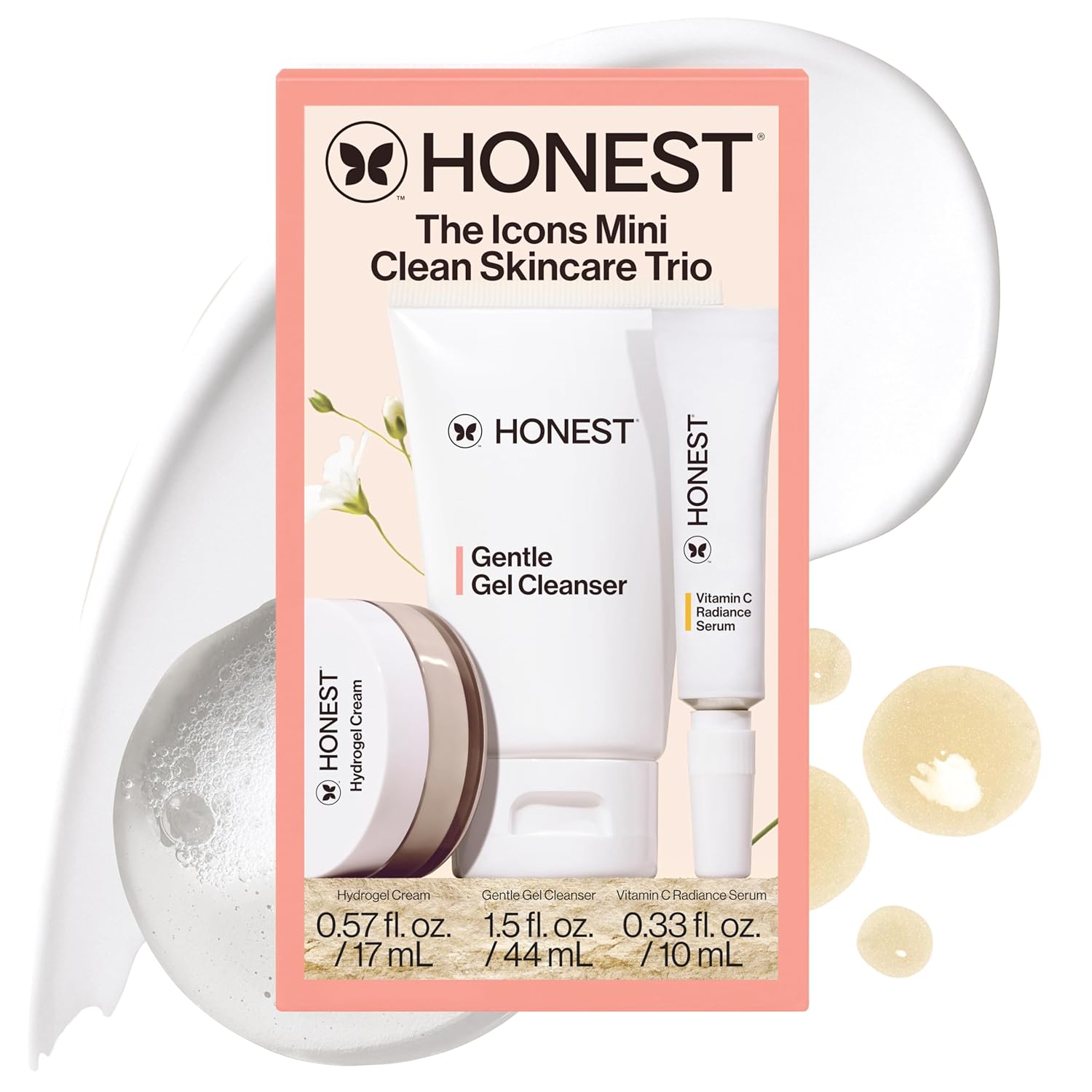 Honest Beauty The Icons Skincare Trio Travel Kit | Mini Hydrogel Cream, Gentle Gel Cleanser, Vitamin C Radiance Serum | Gentle for Sensitive Skin + Vegan-BrightBean Baby