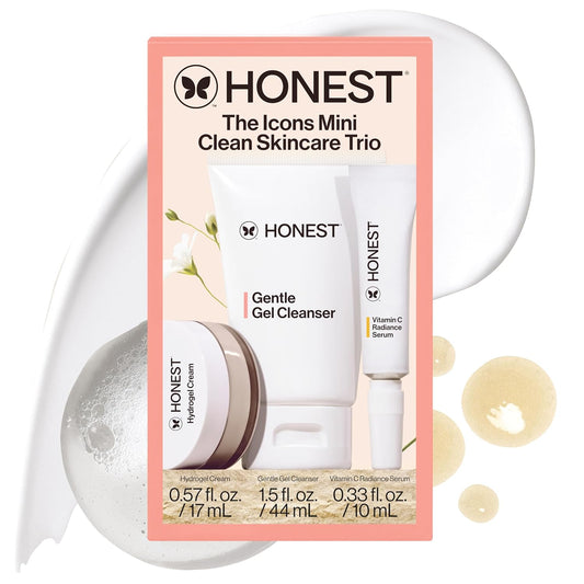 Honest Beauty The Icons Skincare Trio Travel Kit | Mini Hydrogel Cream, Gentle Gel Cleanser, Vitamin C Radiance Serum | Gentle for Sensitive Skin + Vegan-BrightBean Baby