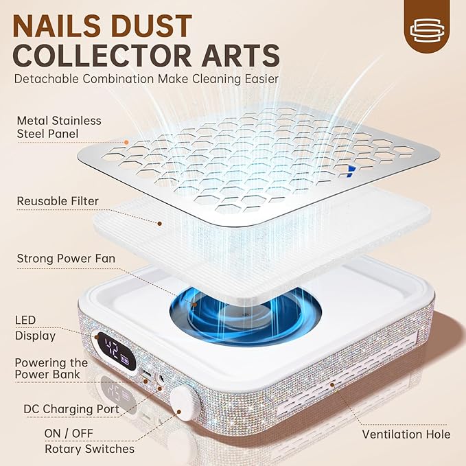 Nail Dust Collector, Rechargeable Dust Collector Nail Tech, Powerful Vacuum Fan Vent Dust Collector Extractor Dust Suction Machine for Acrylic Nails Polishing, Nail Salon&Home, White-BrightBean Baby