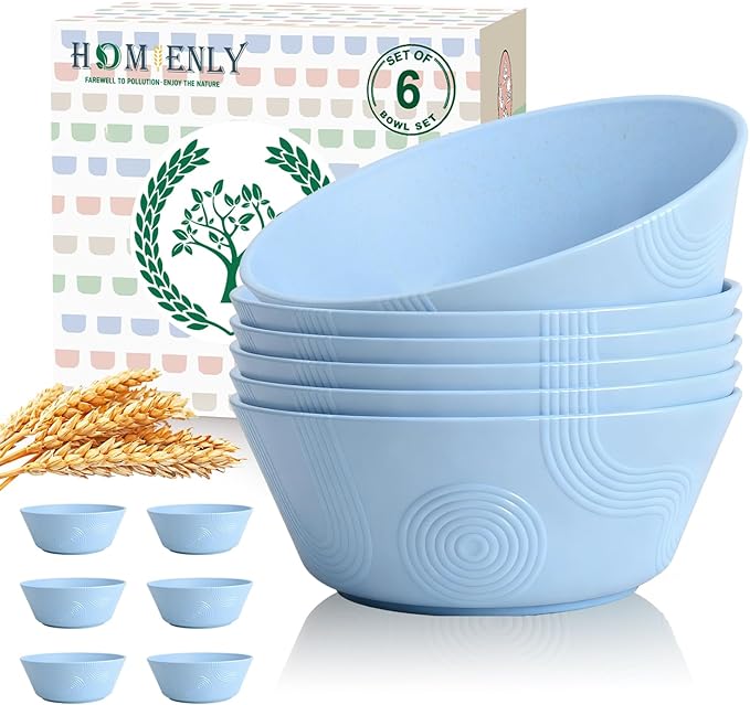 Homienly Alternatives Plastic Bowls - Cereal Bowls 36oz, Wheat Starw Bowl Set of 6, Microwave and Dishwasher Safe Bowls,Soup Bowl Sets for Kitchen,Serving Soup,Salad (Sky Blue)
