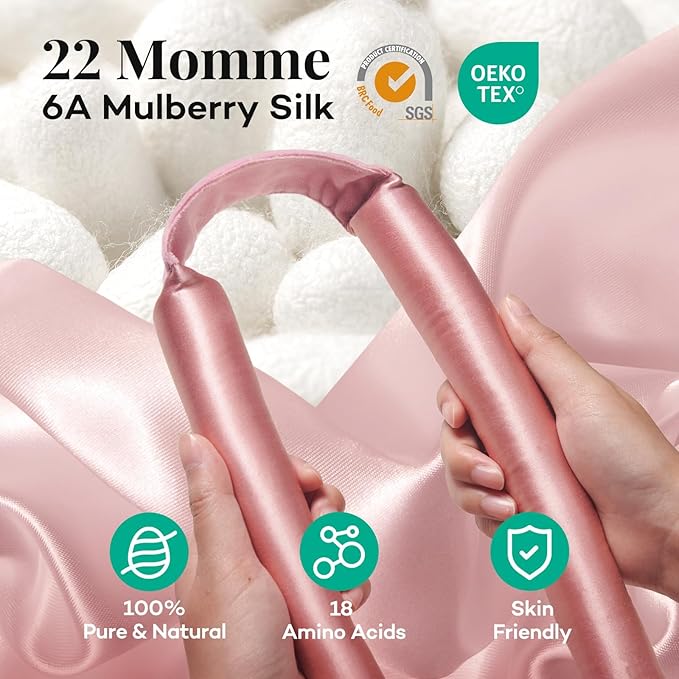 Umisleep 22 Momme 100% Mulberry Silk Heatless Hair Curler Set — Frizz-Free Hair Rollers for Women Long Hair, Overnight Heatless Curls, Upgraded Soft Flat Design with Clips & Scrunchies, Pink-BrightBean Baby