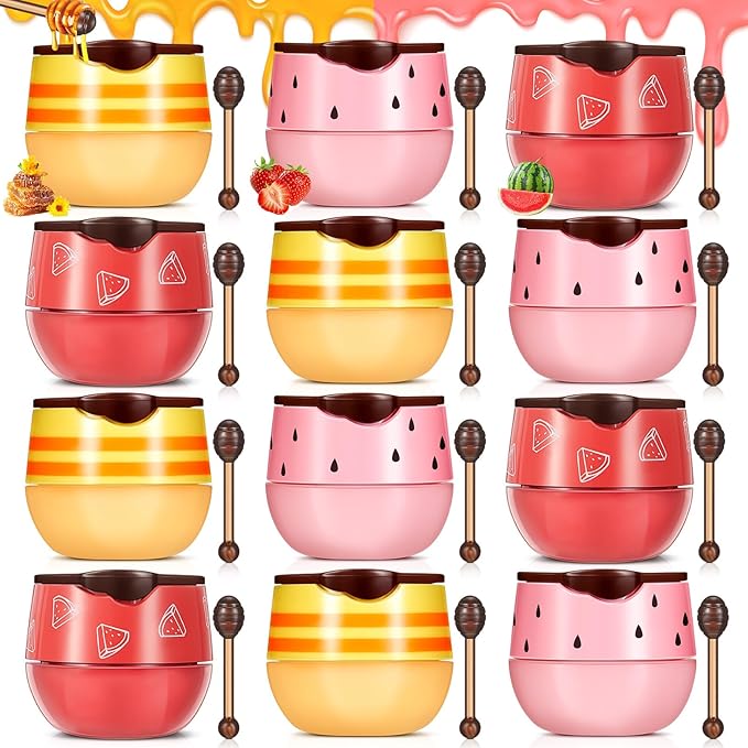 12 Pcs Bee Lip Balm Honey Pot with Brush Propolis Lip Mask Overnight, Moisturizing Hydrating Lip Sleeping Mask Prevention Dry and Cracked(Honey+Strawberry+Watermelon)-BrightBean Baby