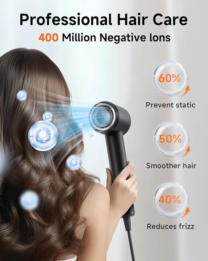 Hair Dryer with Comb & Diffuser Attachment for Curly Hair, PLUZZ 200M Negative Ionic Blow Dryer Brush, High-Speed Brushless Motor Hairdryer Fast, Portable Travel Hair Dryers Quiet, Women/Men/Kids-BrightBean Baby