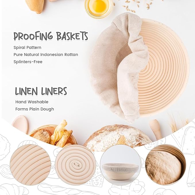 Bread Proofing Baskets Set of 2 12 inch Round Dough Proofing Bowls w/Liners Perfect for Home Sourdough Bakers Baking