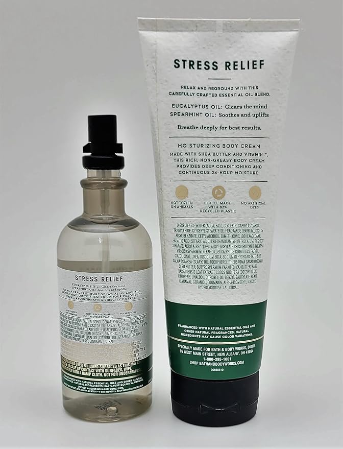 Bath & Body Works - Aromatherapy - Eucalyptus Spearmint – Stress Relief - 2 pc Bundle - Essential Oil Mist- 5.3 fl oz - & Body Cream - 8 oz-BrightBean Baby