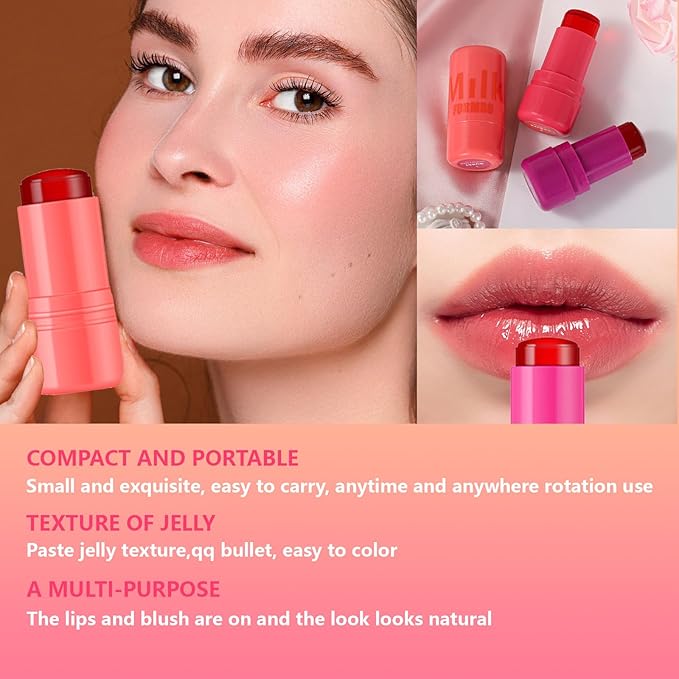 2 Pcs Milk Jelly Blush,Jelly Tint Blush Stick Sheer Lip & Cheek Stain Milk Cooling Water Jelly Tint Long Lasting Face Blushes, Lip Gloss Cheek Solid Moisturizer Stick (01#+02#)-BrightBean Baby