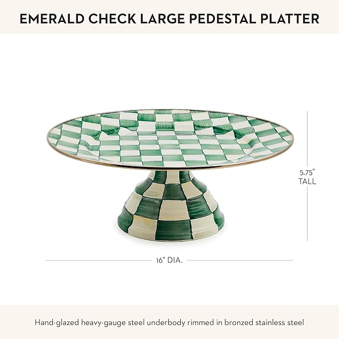 MACKENZIE-CHILDS Enamel Pedestal Platter, Round Cake Stand, Large, Green-and-White Emerald Check