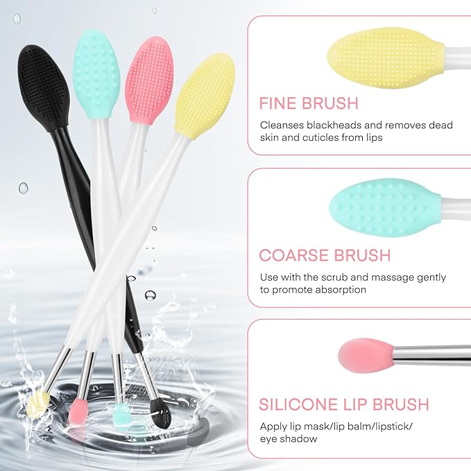 Unaone Lip Scrub Brush - 4 PCS Dual-ended Lip Scrubber Exfoliator and Silicone Lip Brush, 2-in-1 Silicone Lip Scrub Tool Lip Mask Applicator, Gentle Exfoliator & Applicator for Soft-BrightBean Baby