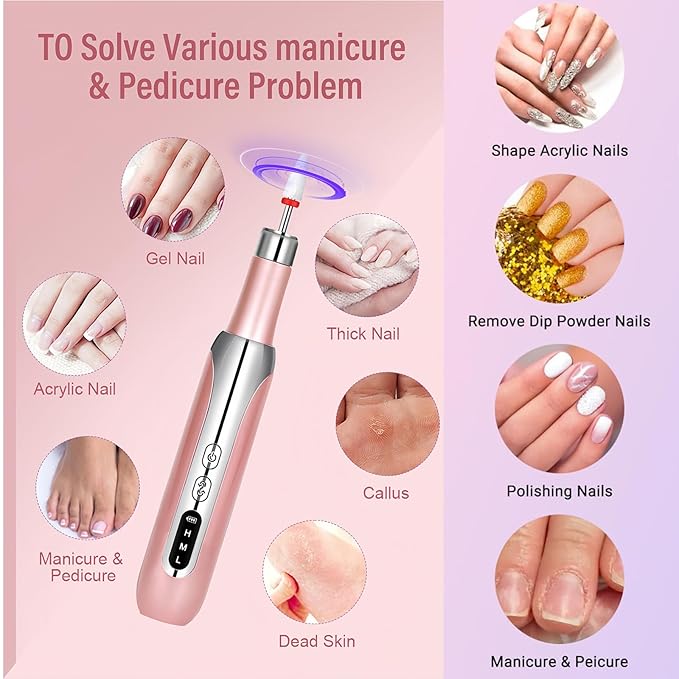 Electric Nail Drill File Cordless,Portable Rechargeable Nail File Kit for Acrylic & Gel Nails,Professional Efile for Manicure Pedicure Polishing,with 12 Nail Drill Bits 31 Sanding Bands,Rose Gold-BrightBean Baby