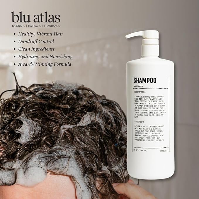 Blu Atlas Men's Natural Shampoo – Organic, Sulfate-Free, Paraben-Free – Deep Cleansing & Hydrating – Classic Scent (Bergamot, Sage, Patchouli) – Made in America– 32 oz-BrightBean Baby