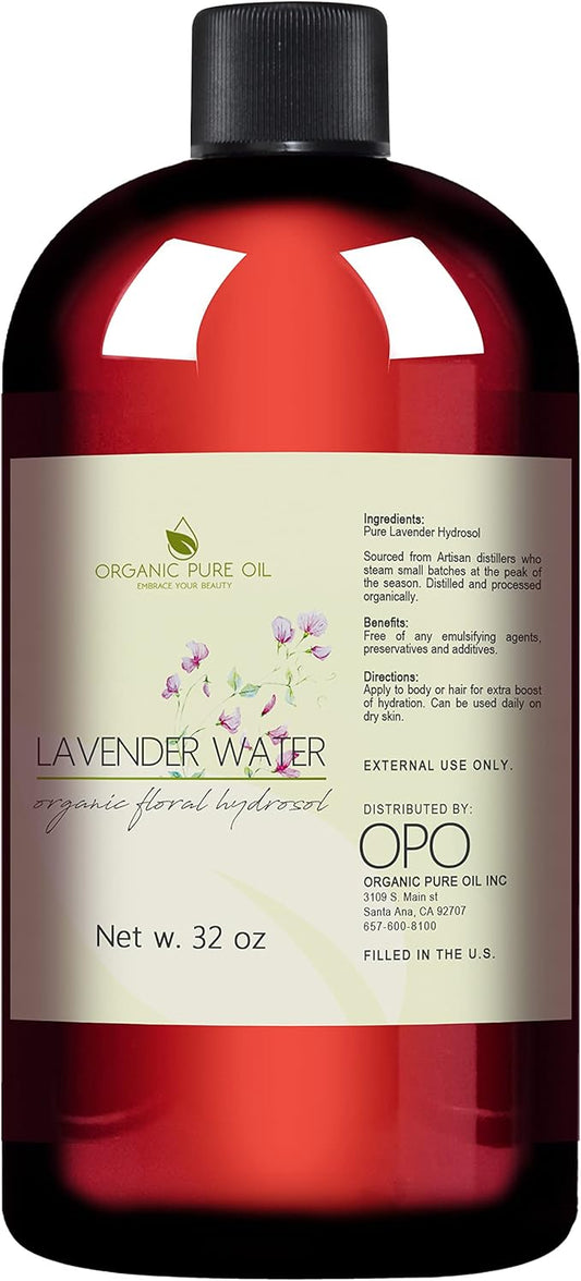 Lavender Water Hydrosol - Pure Steam Distilled Natural Non GMO Calming Bulk Body, Face, Facial Toner, Aromatherapy, Set Makeup, Cleanser Mist Spritz - 32oz - OPO-BrightBean Baby