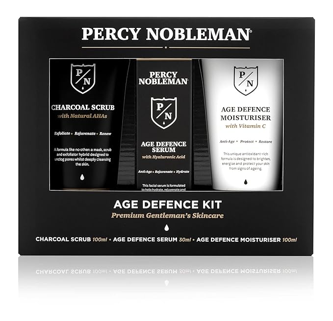Percy Nobleman Age Defence Kit, a men's skincare set containing Charcoal Face Scrub (with Natural AHAs), ultra-hydrating Facial Serum (with Hyaluronic Acid), and Moisturiser (with Vitamin C)-BrightBean Baby