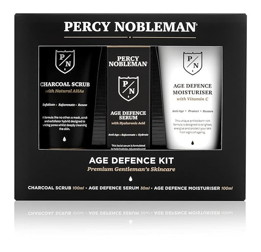 Percy Nobleman Age Defence Kit, a men's skincare set containing Charcoal Face Scrub (with Natural AHAs), ultra-hydrating Facial Serum (with Hyaluronic Acid), and Moisturiser (with Vitamin C)-BrightBean Baby