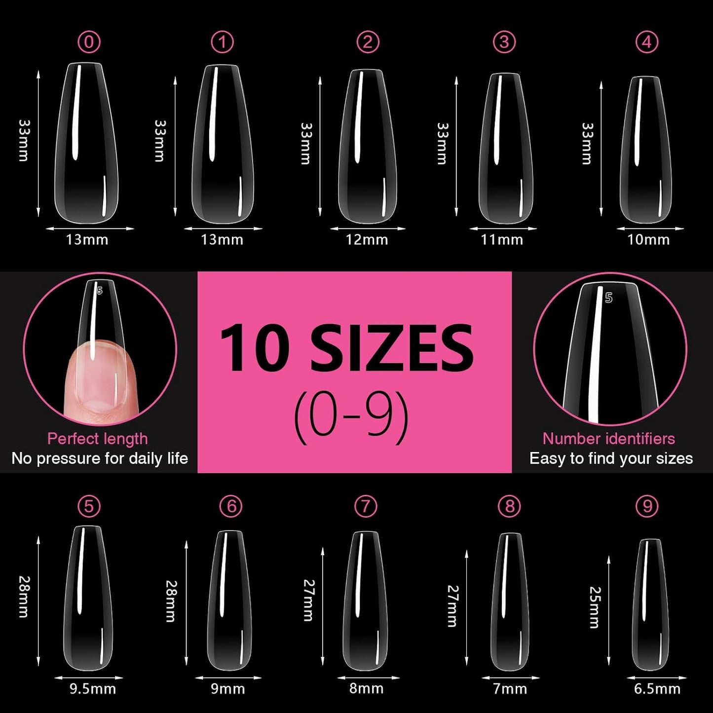 Long Coffin Nail Tips 500PCS, Clear Acrylic Full Cover Gel Press on Nail Tips for DIY Salon, 10 Sizes Pre-Shaped False Nails with Glossy Finish, Professional Manicure Kit & Easy Application-BrightBean Baby