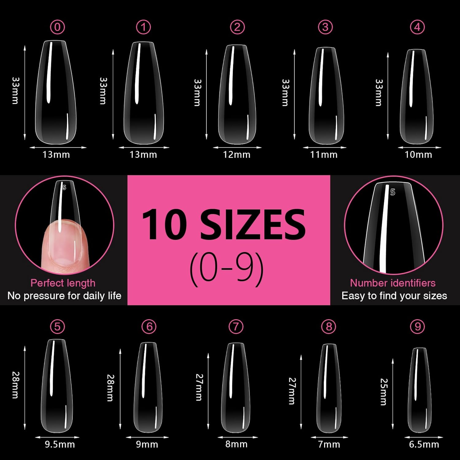 Long Coffin Nail Tips 500PCS, Clear Acrylic Full Cover Gel Press on Nail Tips for DIY Salon, 10 Sizes Pre-Shaped False Nails with Glossy Finish, Professional Manicure Kit & Easy Application-BrightBean Baby