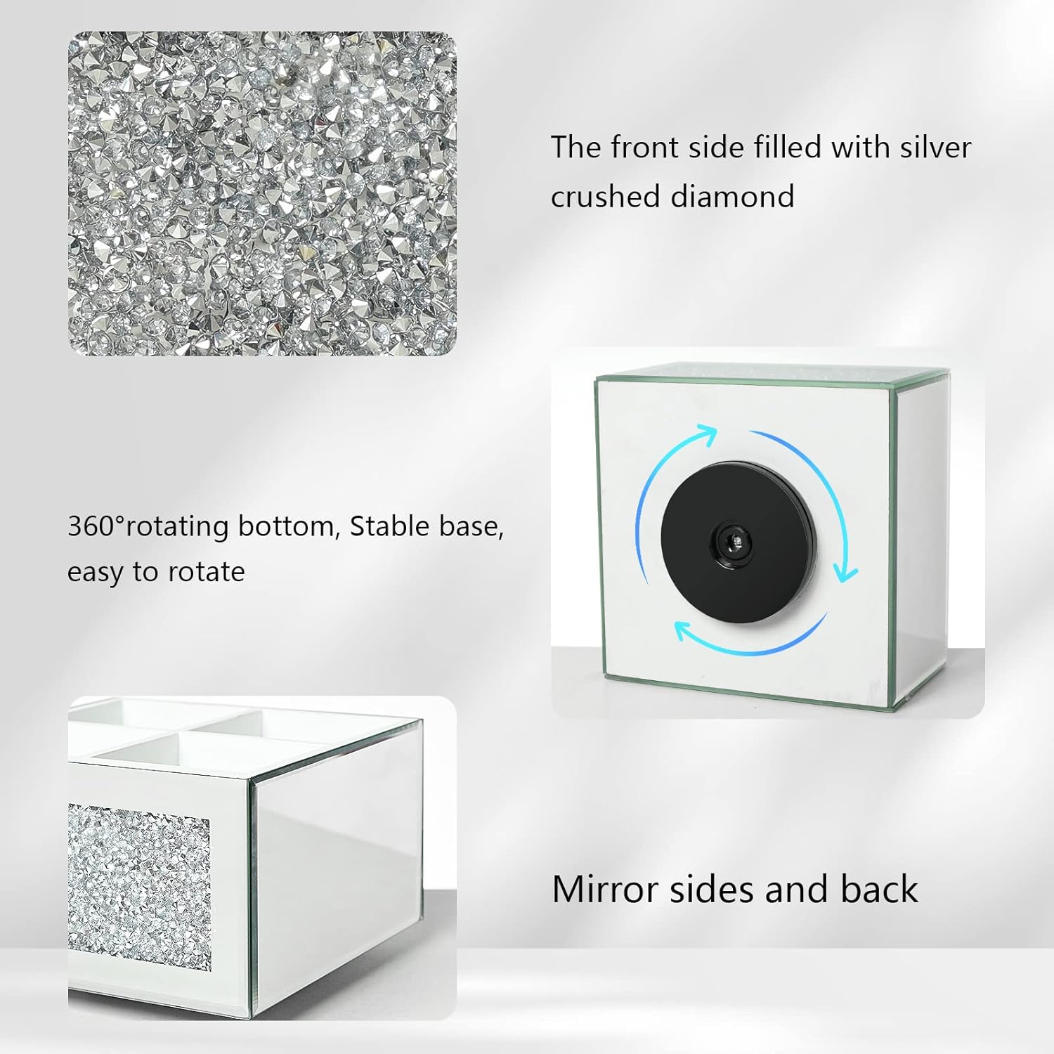 SWTHONY 360 Rotating Makeup Brush Holder Organizer, Silver Bling 4 Slot Crushed Diamond Glass Mirrored Cosmetic Brushes Storage, Eyeliners Eyebrow Pencil Display Case-BrightBean Baby