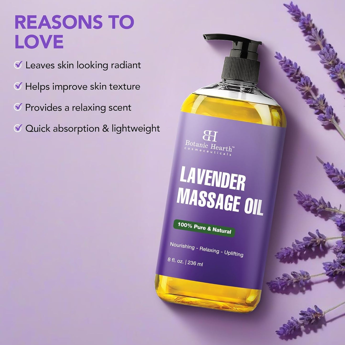 Lavender Massage Oil with Pure Lavender Oil (8 Fl Oz) Skin Tightening Massage Oil for Massage Therapy and Instant Absorption for Bum Thighs and Belly by Botanic Hearth-BrightBean Baby