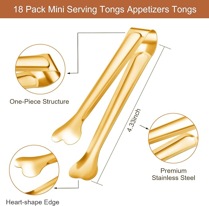 18 Pack Premium Small Serving Tongs, Mini Stainless Steel Appetizer Tongs 4.33Inch Gold