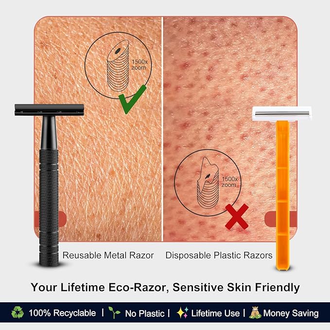 Matte Black Safety Razor, Single Blade Razors for Men, with 10 Stainless Steel Double Edge Blades, Reusable Metal 1 Blade Razor, Eco-Friendly, Smooth and Close Shave, Sustainable, Plastic Free-BrightBean Baby