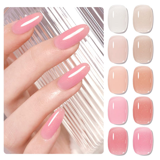 Jelly Shimmer Gel Nail Polish Set, 10 Colors Translucent Natural Milky White Pink Nail Polish Gel, UV/LED Soak Off Gel Nail Kit DIY Nail Art Salon Manicure Gifts for Women Girls.-BrightBean Baby
