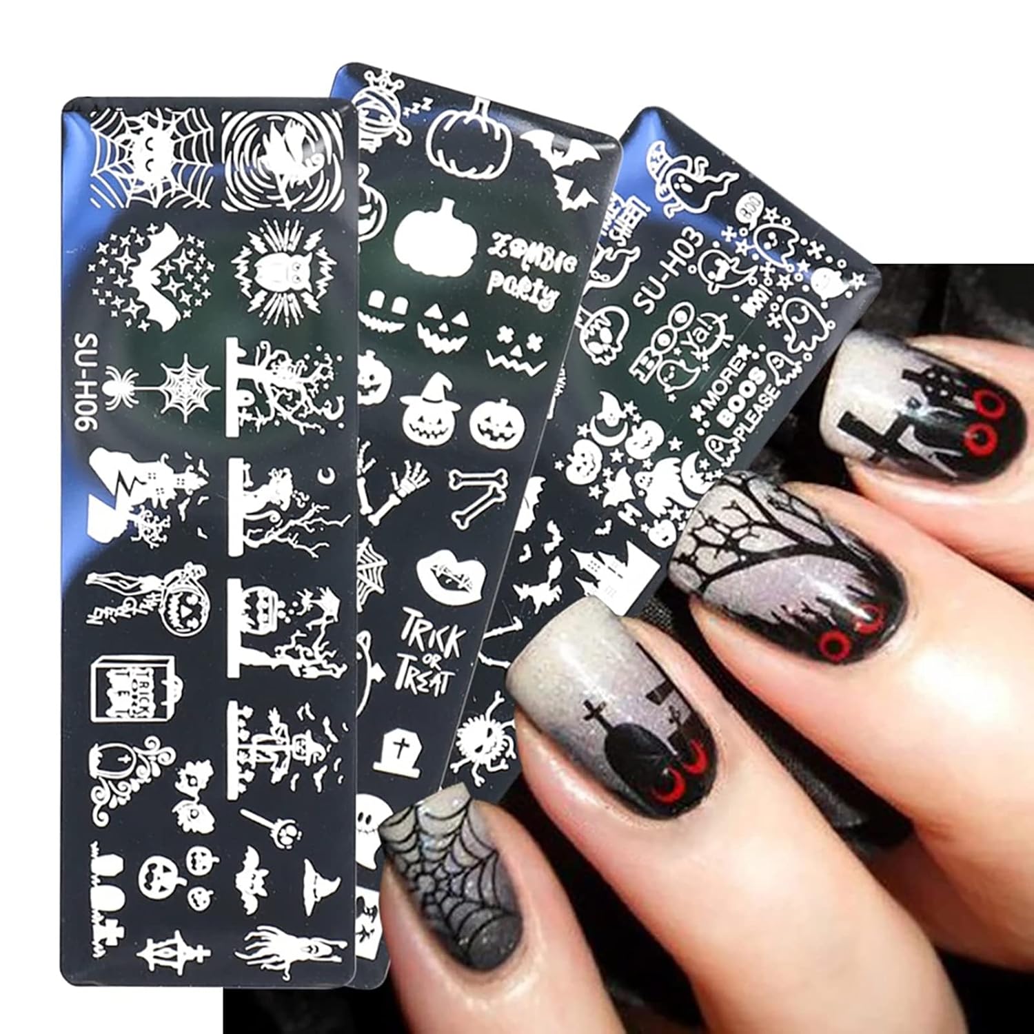 Halloween Nail Stamper Kit: 6 Pcs Stamp Template Plates with 1 Stamper, 1 Scraper - Horror, Ghost, Pumpkin, Skull, Bone Images - DIY Nail Art Set-BrightBean Baby