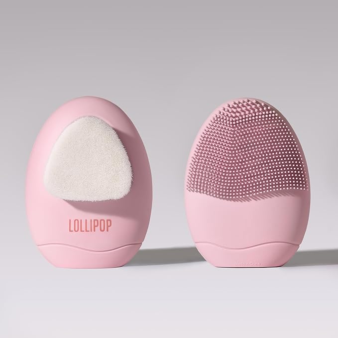 LOLLIPOP Dual-Sided Facial Cleansing Brush | Palm Size Silicone Face Exfoliator and Soft Fiber Cleanser | Manual Face Scrubber for Pores, Makeup Removal, Blackhead and Skincare Routine, Bubblegum-BrightBean Baby