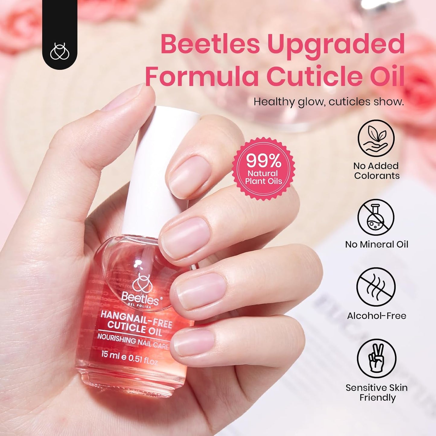 Beetles Cuticle Oil for Nail & Cuticle Care, 15ml Natural Rose Smell Oil with Vitamin E Nourish Condition Dry Stronger Nails SPA & Hand Manicure DIY Salon Needs Gifts for Her Women-BrightBean Baby