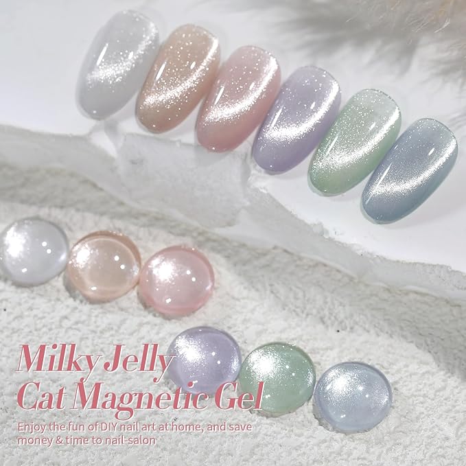 Born Pretty Cat Magnetic Eye Gel Nail Polish, Pastel Milky Jelly Cat Magnetic Gel Pastel Blue Green Purple Pink Nude Silver Nail Art Gel Manicure Salon DIY Gifts 7ML 6PCS-BrightBean Baby