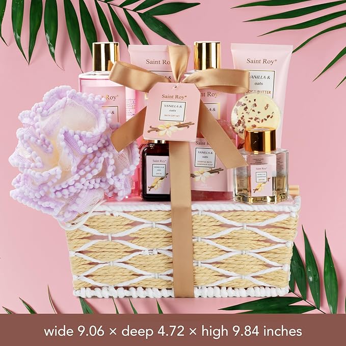 Bath and Body Gift Baskets for Women, 12 Pcs Vanilla Oat Spa Gifts for Women. Bath Gift Set Enriched Shea Butter. Home Spa with Shower Gel, Body Oil, Saint Roy Gifts for Mom-BrightBean Baby