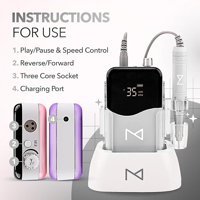M Mase- Professional Nail Drill Machine - Coreless 2-in-1 Nail File - Electric, Cordless, 35000 RPM, HD Display - Electric Nail Drill for Professional & Home Use (White)-BrightBean Baby