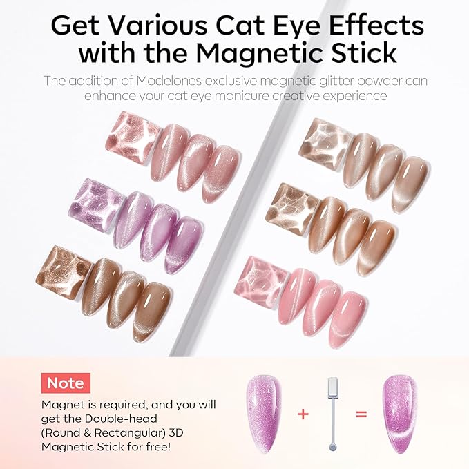 modelones Cat Eye Gel Nail Polish 6 Colors Nude Pink Brown Purple Cat Eye Nail Polish Glitter Semi-transparent Holographic 9D With Magnet Pastel All Seasons Soak Off Led Nail Art DIY Salon Gifts-BrightBean Baby
