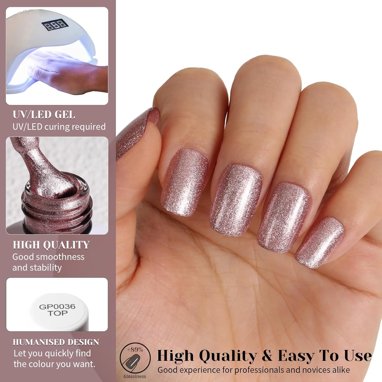 Rose Gold Super Glitter Gel Nail Polish,15ml UV/LED Soak Off Sparkly Rose Gold Gel Polish for Manicure Salon or DIY Nail Art at Home,Holiday Party Color - GP0090-BrightBean Baby