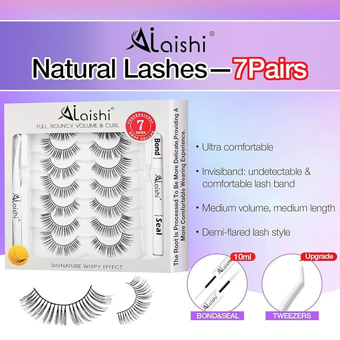 Wispy False Eyelashes Kit With Bond, Seal and Tweezer, 7 Pairs Natural Look Fake Cat Eye Lashes Strips Thin Band Extensions Waterproof Easy Eyelashes for Beginners DF1-BrightBean Baby