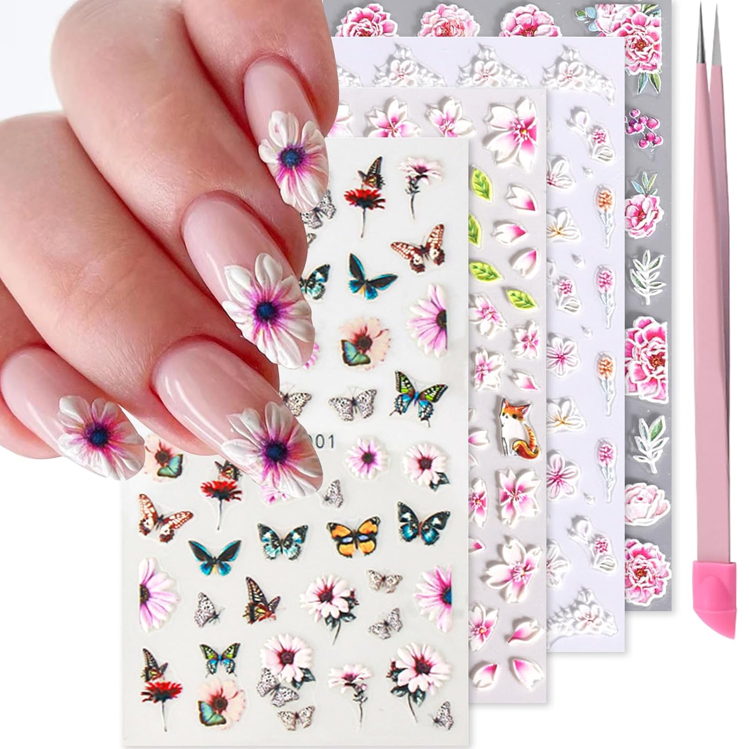 Pink Flower Nail Art Stickers Decals 5D Embossed Nail Decals Spring Summer Nails Art Design Self-Adhesive Supplies Accessories 3D Flower Stickers for Women Nails DIY Decoration-BrightBean Baby
