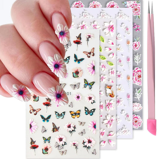 Pink Flower Nail Art Stickers Decals 5D Embossed Nail Decals Spring Summer Nails Art Design Self-Adhesive Supplies Accessories 3D Flower Stickers for Women Nails DIY Decoration-BrightBean Baby
