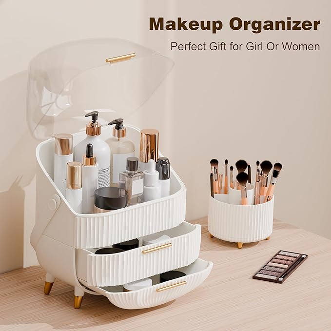 Makeup Organizers and Storage Make up Organizer for Vanity Cosmetics Skincare With Lid and Drawers Display Cases for Countertop Bathroom Women Teenager Girl Gifts(White+Brush Holder)-BrightBean Baby