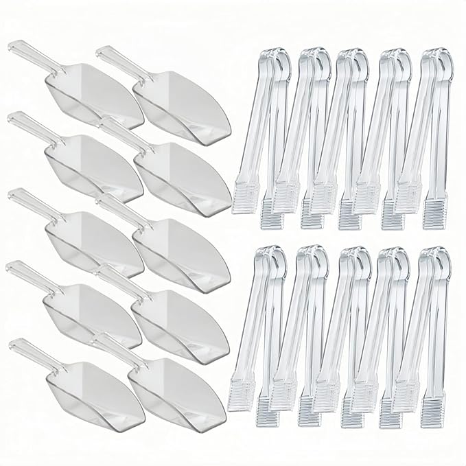 20 Pack of Set Plastic Buffet Serving Tongs Mini Serving Utensil Tongs Appetizers Tongs and Plastic Kitchen Scoops Clear Ice Scoop Buffet Scoop for Candy Dessert Buffet Ice
