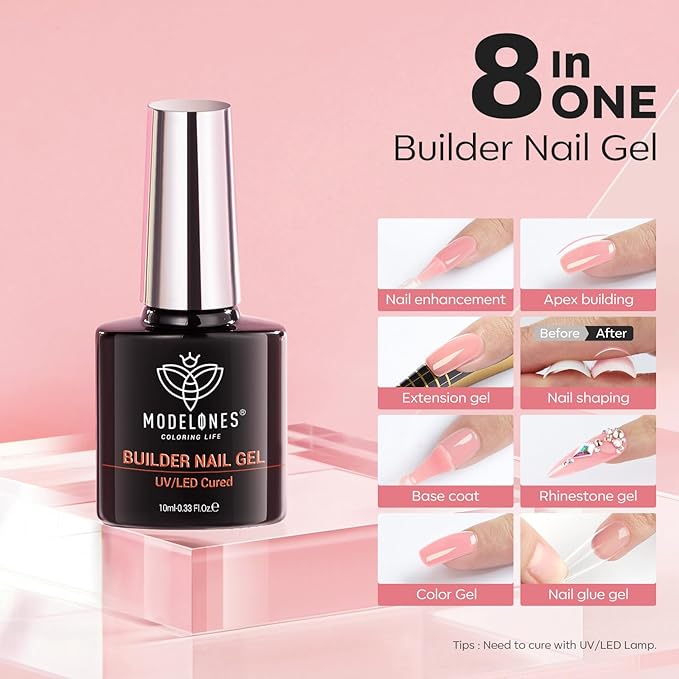 modelones Builder Nail Gel, 8-in-One Jelly Pink Builder, Peachy Pink Rubber Base Gel Polish, LED Lamp Cured Nude Color Base Hardener, Apex Building Strengthener Extension for Girls Home DIY Salon-BrightBean Baby