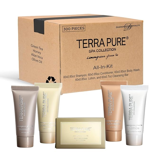 Terra Pure Spa Collection Bulk Set Toiletries | 1-Shoppe All-In-Kit Amenities for Hotels & Airbnb | 0.85 oz Hotel Shampoo & Conditioner, Body Wash, Lotion & Cleansing Bar Travel Size Tubes| 300 Pieces-BrightBean Baby