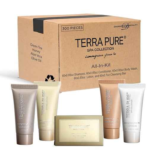 Terra Pure Spa Collection Bulk Set Toiletries | 1-Shoppe All-In-Kit Amenities for Hotels & Airbnb | 0.85 oz Hotel Shampoo & Conditioner, Body Wash, Lotion & Cleansing Bar Travel Size Tubes| 300 Pieces-BrightBean Baby